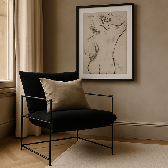 Parker Accent Chair - Black Velvet Cushion Seat - Black Metal Frame