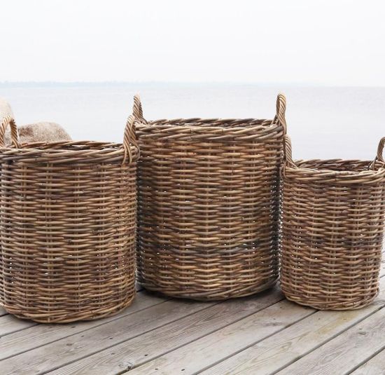 Old French Storage Baskets - Rattan Wicker - Round with Handles - Set of 3