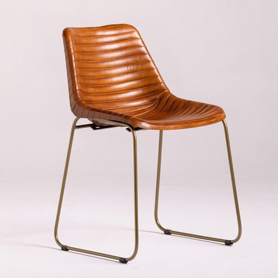 Deluxe RH Dining Chair - Tan Ribbed Real Leather Seat - Gold Base