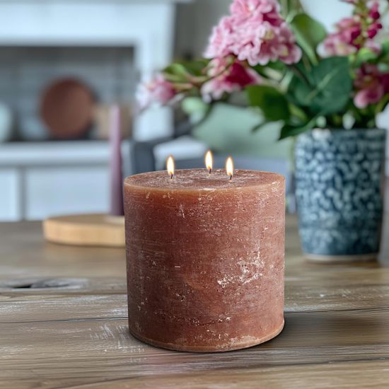 Rustic Pilar Candle - 15cm - 80 Hours Burn Time - Walnut - 3 Wick