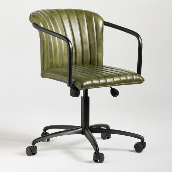 Afflecks Office Chair - Green Real Leather Seat - Black Base with Wheels