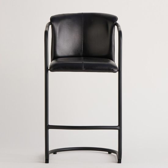 Deansgate Bar Stool - Black Real Leather Seat - Black Base - 75cm