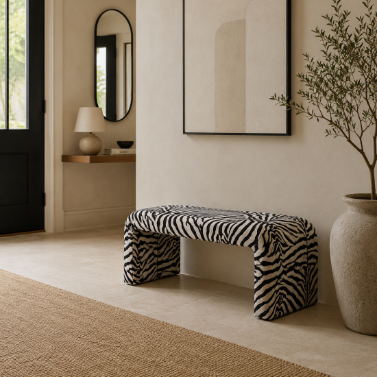OTI Rosa Bench - Zebra Print Upholstery - Curved Statement Design