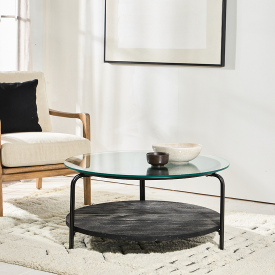 Zenith Coffee Table - Round Glass Top - Black Mango Base - Metal Frame - 84cm