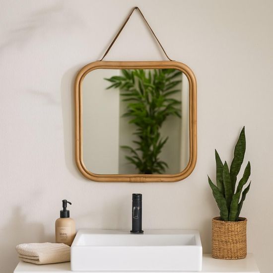 Peru Wall Mirror - Rattan Square Frame - Leather Hanging Strap - 45cm