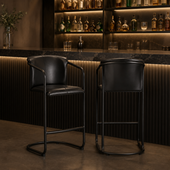 Deansgate Bar Stool - Black Real Leather Seat - Black Metal Base - 75 cm