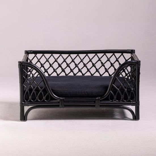Reggie Dog Basket - Black Waterproof Bed Cushion - Natural Rattan Frame