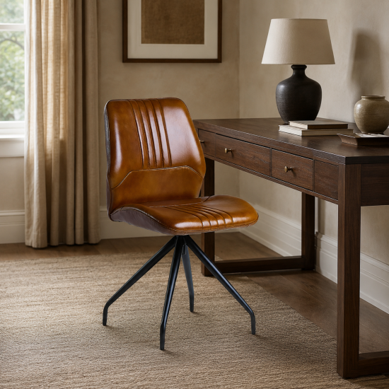 Civic Office Chair - Brown Leather Seat - Black Metal Base