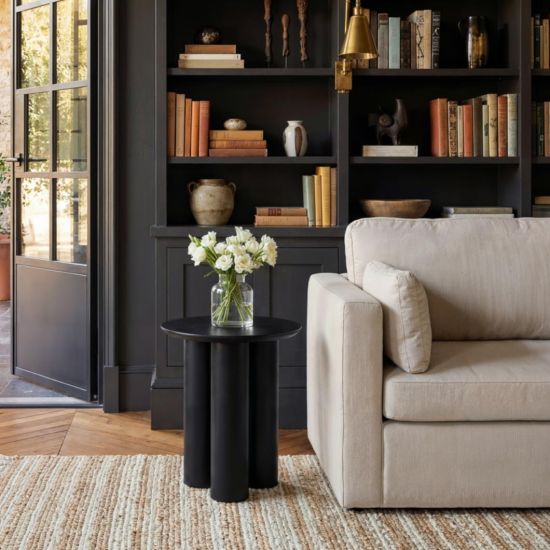 Sphere Side Table - Black Wood Grain Round Top - Curved Cylindrical Base