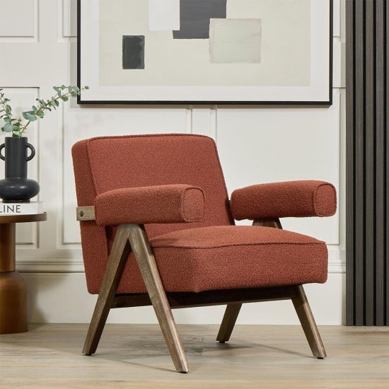 Lorenzo Accent Armchair - Rust Boucle Fabric Seat - Brushed Wood Frame