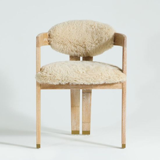 Alaska Dining Chair - Sand Faux Fur - Solid Oak Frame with Brass Caps