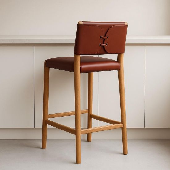 Amara Bar Stool - Reddish Brown Leather Seat - Solid Teak Frame - 66cm