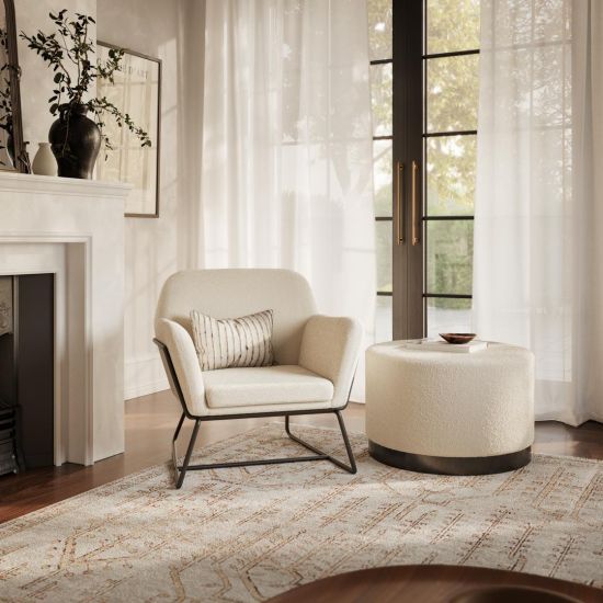 Opal Round Pouffe - Cream Boucle Large Seat- Matt Black Base