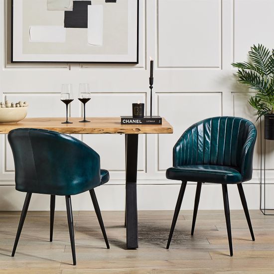 Wilson Dining Chair - Blue Real Leather Seat - Black Metal Base