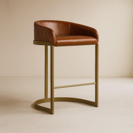 Spinningfields Bar Stool - Brown Leather Seat - Gold Base - 75cm