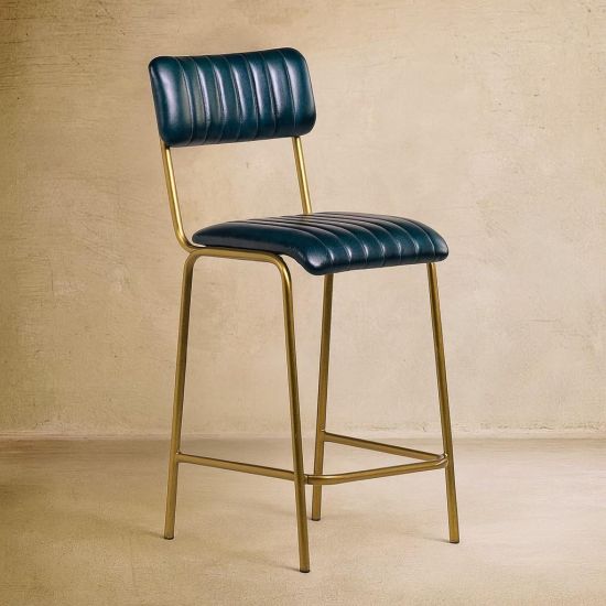 Diner Bar Stool - Blue Leather Seat - Antique Brass Metal Frame - 66cm
