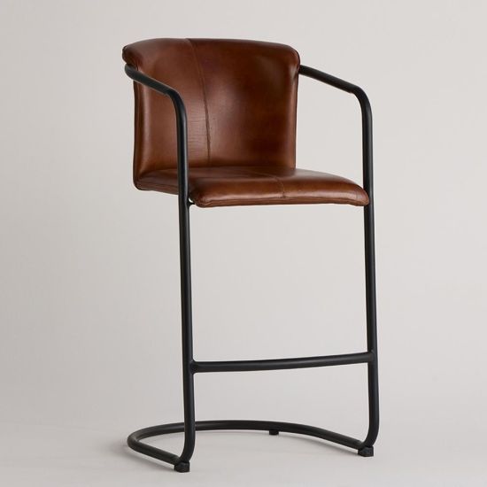 Deansgate Bar Stool - Brown Real Leather Seat - Black Base - 75cm