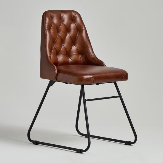 Hague Dining Chair - Brown Real Leather Seat - Black Base