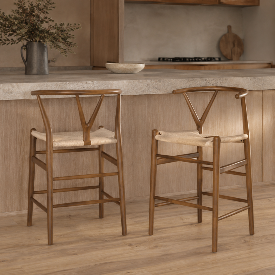 Wish Mid-Century Bar Stool - Dark Ash Frame - Natural Seat - 66cm