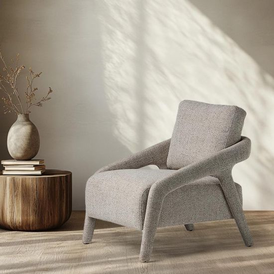 Rexton Accent Chair - Specked Stone Grey Linen Fabric - Solid Curved Frame