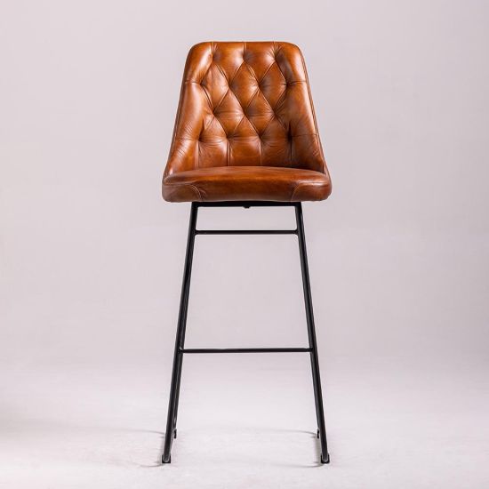 Hague Bar Stool - Tan Real Leather Seat - Black Base - 75cm