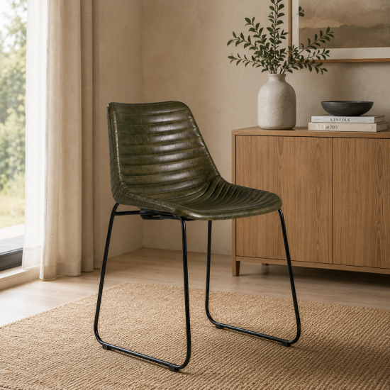 Deluxe RH Dining Chair - Green Ribbed Leather Seat - Black Metal Base