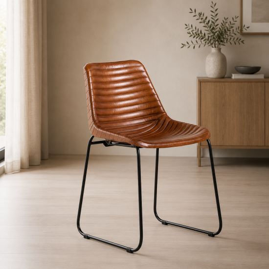 Deluxe RH Dining Chair - Brown Ribbed Leather Seat - Black Metal Base