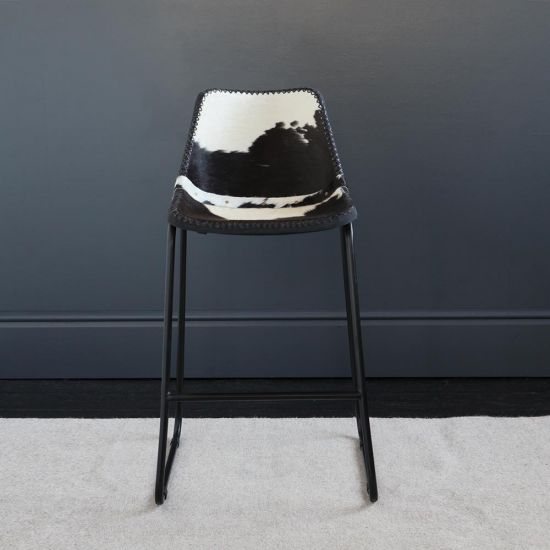 Road House Bar Stool with Black & White Cow Hide Seat, 67cm