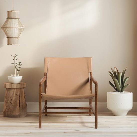 Noura Accent Armchair - Real Leather Taupe Seat - Lounge Teak Frame