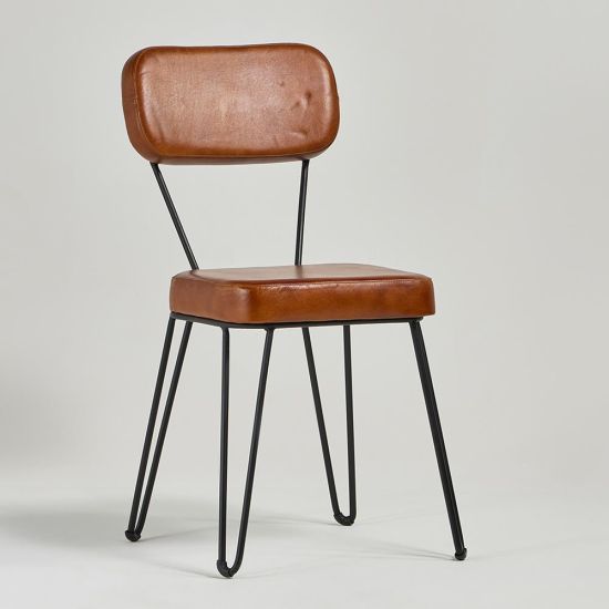 Hairpin Dining Chair - Tan Real Leather Seat - Black Base