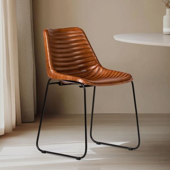 Deluxe RH Dining Chair - Tan Ribbed Leather Seat - Black Base