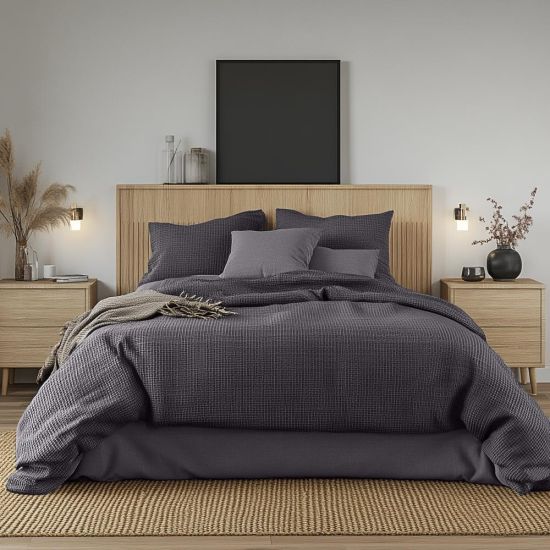 Duvet Cover & Pillowcase Set - Dark Grey - Cotton Waffle Design - Double