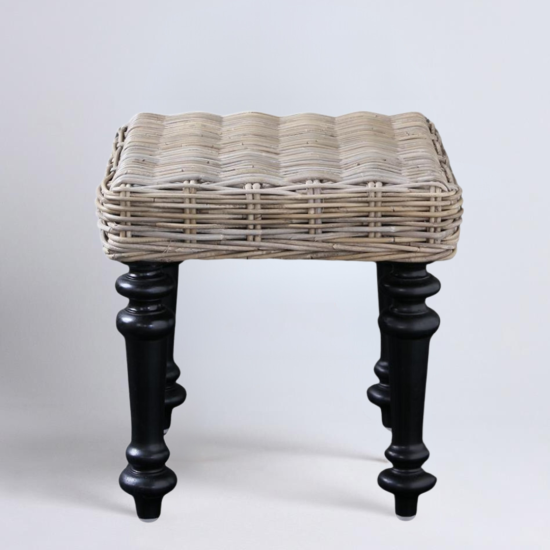 Kruk Side Table - Square Grey Rattan Top - Black Legs - 46 x 45cm