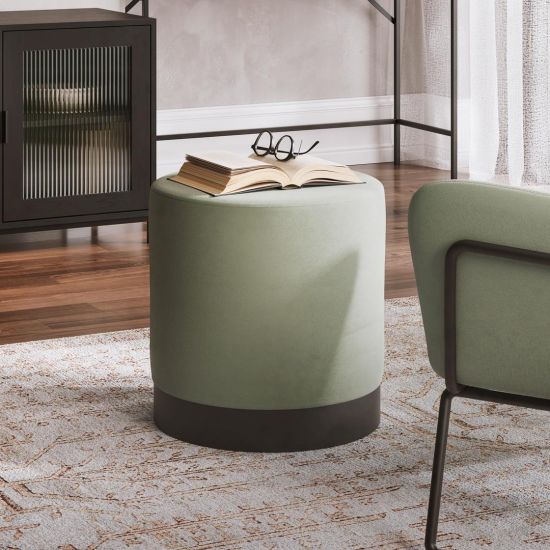 Opal Round Pouffe - Sage Green Velvet Small Seat - Matt Black Base