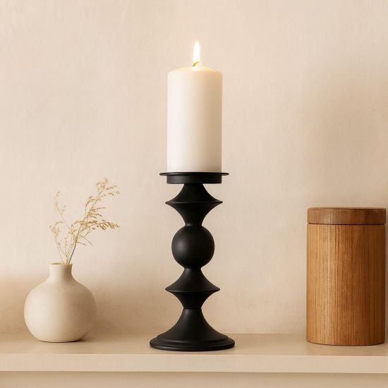 Sutton Pillar Candle Holder - Black Iron - Small - 14 x 27cm