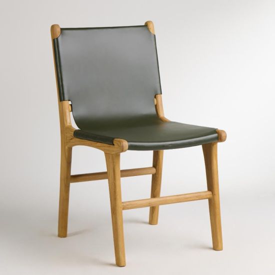 London Dining Chair Green Genuine Leather Sling Seat Solid Teak Frame