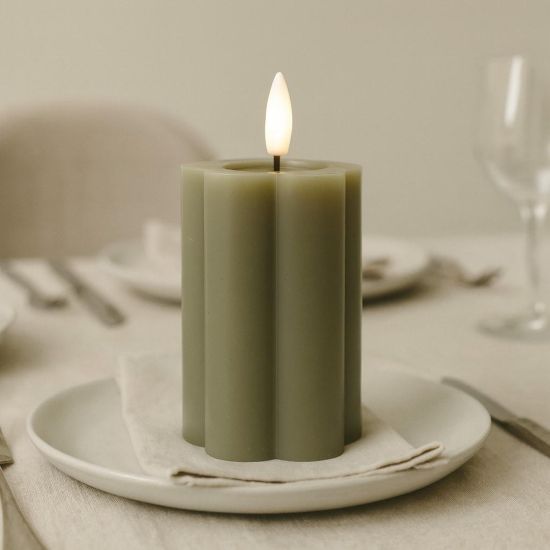 Luxe LED Candle - Grey - Real Wax - Carved Pillar Effect - 7 x 24cm