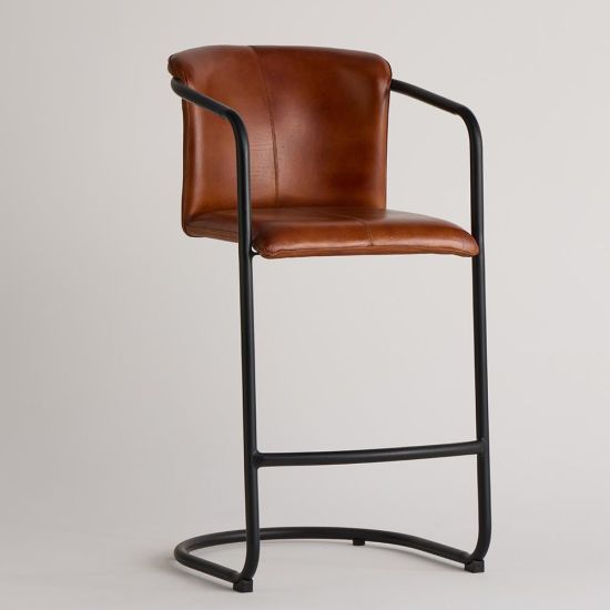 Deansgate Bar Stool - Tan Real Leather Seat - Black Base - 66cm
