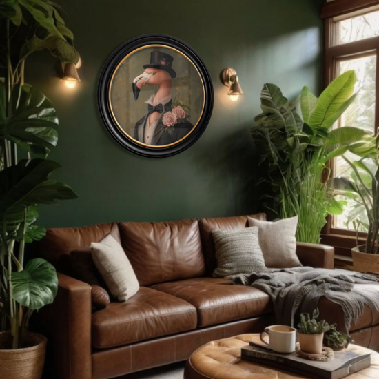 Fabulous Flamingo Framed Wall Art - Black & Gold Round Frame