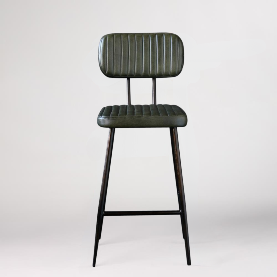 Memphis Bar Stool - Green Real Leather Ribbed Seat - Pewter Base - 66cm