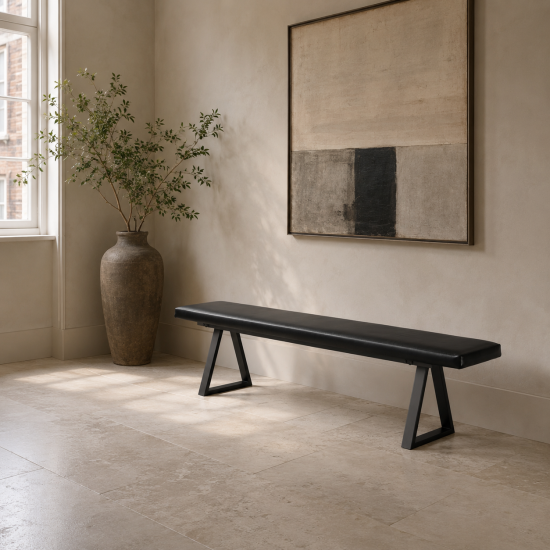 Stockport Bench - Black PU Faux Leather Seat - Black Metal Base - 180cm