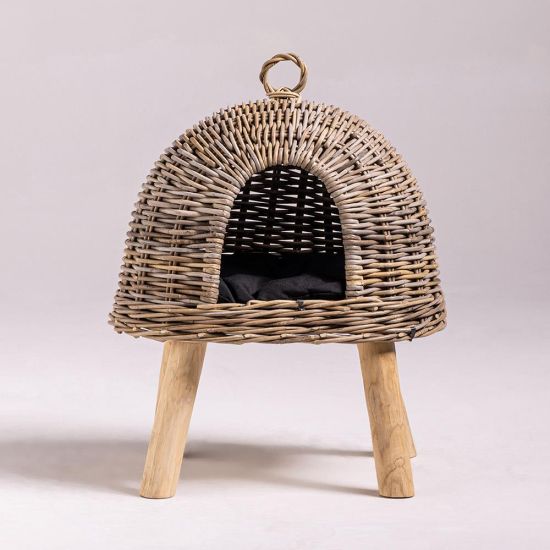 Topcat Cat House - Black Cushion Bed - Natural Rattan - Wooded Base