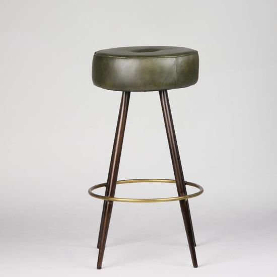 Crompton Bar Stool - Green Round Leather Seat - Pewter & Brass Base - 66cm