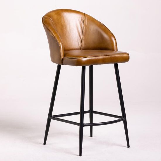 Ivy Bar Stool - Desert Tan Real Leather Seat - Black Base - 66cm