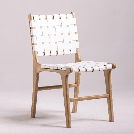 London Dining Chair - White Real Leather Strap Seat - Teak Frame