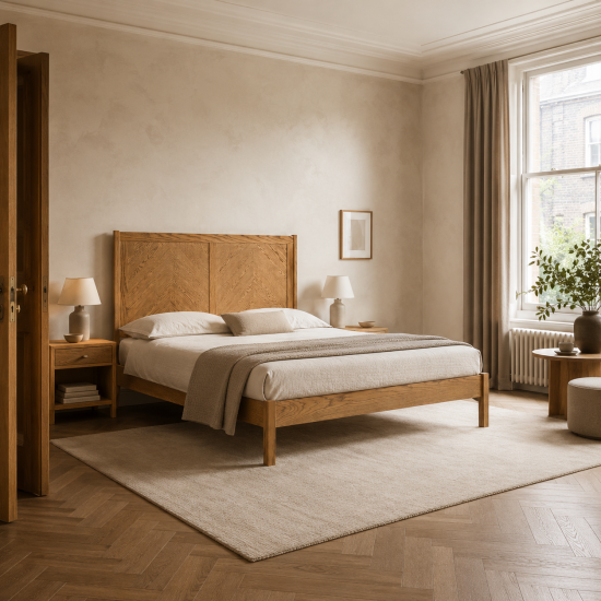 Haven Double Bed Frame - Smoked Oak Veneer - Chevron Headboard