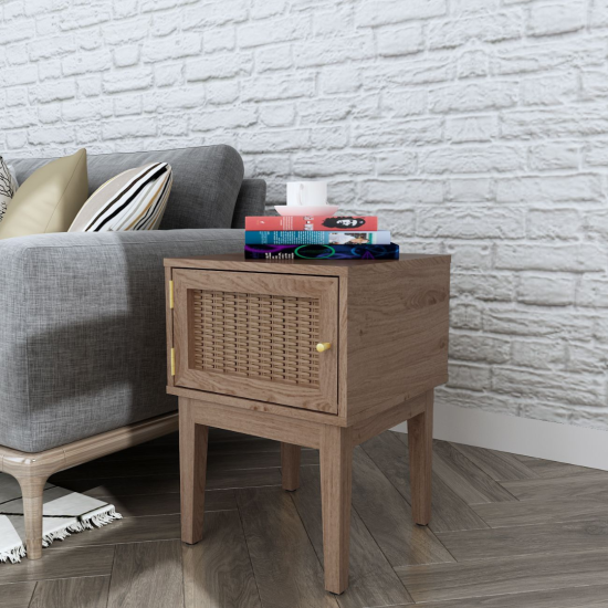 Lille Side Table - Weave Rattan Door Storage - Oak Natural Wood Grain