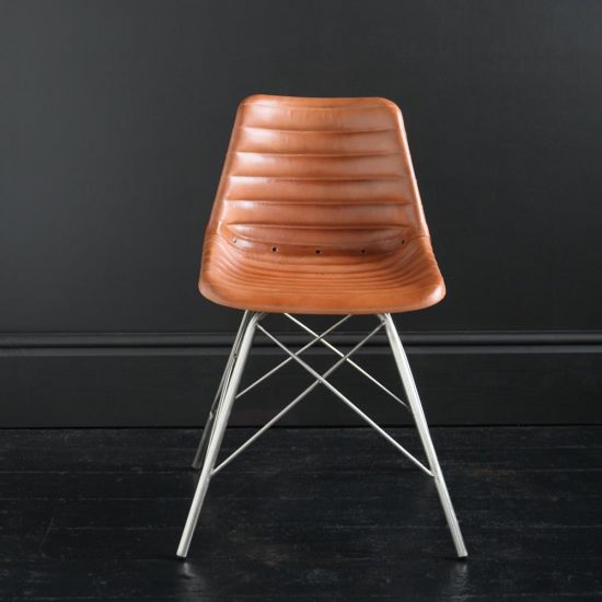 Gansevoort Chair Tan Ribbed Leather Seat with Nickel Cross Legs Base