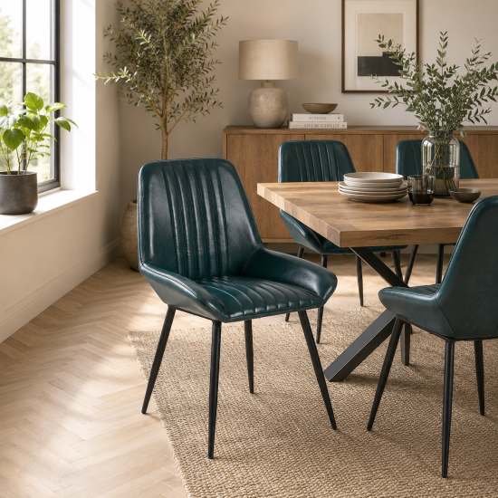 Brooklyn Dining Chair - Teal Blue Leather Seat - Black Metal Base