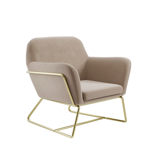 Troy Armchair - Beige Velvet Fabric Accent Seat - Brushed Gold Metal Frame